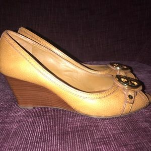 Tan and gold Tory Burch wedges